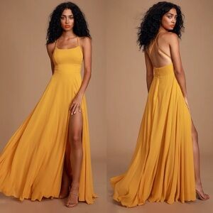 NWT Lulu's Dreamy Romance Mustard Yellow Backless Maxi Dress with Slit